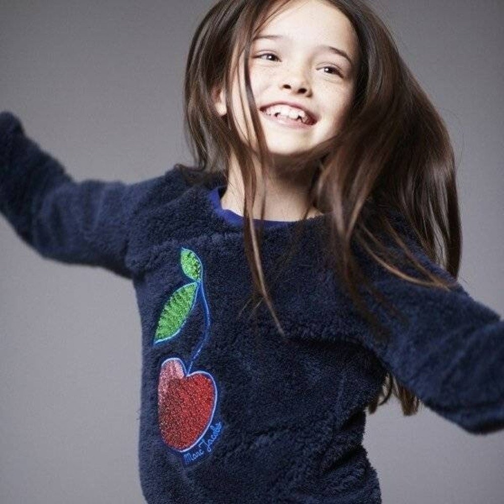 Little Marc Jacobs Sweatshirt Fur Fleece Sweater Sequin Cherry Print Navy Blue 5